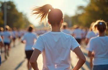 Woman runs in marathon race outdoors with many other people wearing white shirts. Participants compete on sunny day in athletic event for charity purpose. Friends jog together in group for good cause.