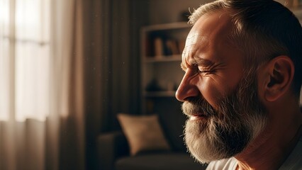 A contemplative senior man with a beard gazes out of a window in a serene living room