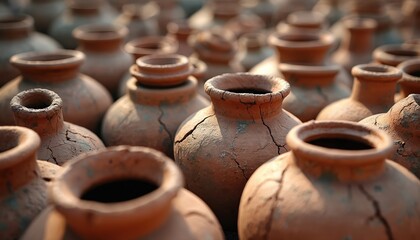 Group of aged, cracked clay pots. Worn terracotta vessels display rough textures and weathered surfaces. Organic handmade pottery details shown in natural light.