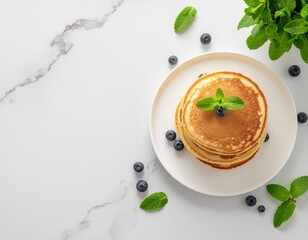 menu cafe photography, pancake stack, top view flat lay, minimal garnish, professional cafe menu image