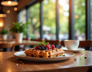 menu cafe photography, waffle with topping, close up angle, elegant cafe presentation

