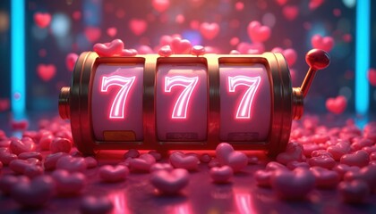 Fototapeta na wymiar Golden slot machine with three sevens spins jackpot. Pink hearts surround machine. Neon lights glow bright. Festive gambling atmosphere excites players. Fun casino nightlife awaits.