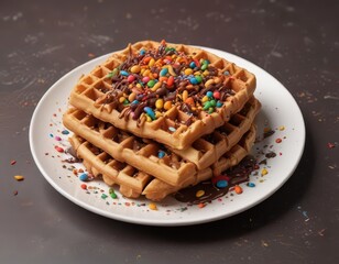 Crunchy waffle stick with melted chocolate and colorful sprinkles on a plate background,  waffles,  breakfast,  sweet treat