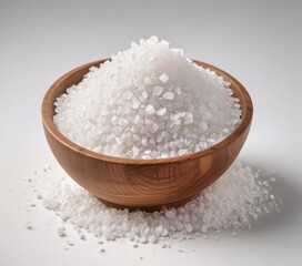 Crystalline sea salt in a wooden bowl on white background isolated for emphasis,  wood,  decorative,  crystals