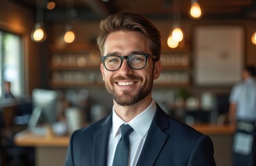 Fototapeta premium Smiling man in dark suit and glasses stands in office. Confident businessman looks at camera. Represents success, corporate life and professionalism. Modern workplace.