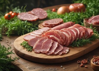 Cured meats arranged artfully on a wooden board amidst lush greenery and decorative elements,  selection,  artisanal,  food