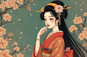 Traditional Japanese woman wears kimono with floral ornaments. Elegant female portrait in Edo period style with blooming cherry branches. Art nouveau inspiration evokes beauty.