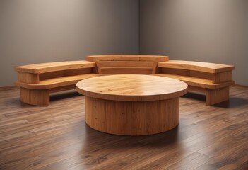 Curved wooden benches surround a raised circular dais, chamber, seating, chairmans