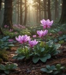 Cyclamen hederifolium blooms in forest twilight,  forest flora,  leafy greens,  forest floor