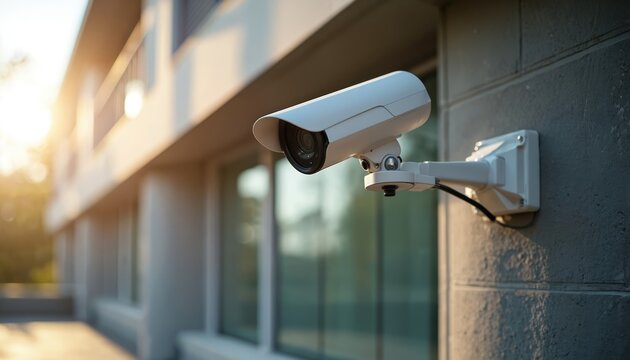 A modern white security camera is mounted on the exterior wall of a building. The camera faces forward offering continuous video surveillance. Sunlight shines in the background.