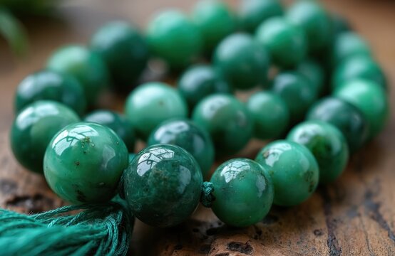 Strand of smooth green chrysoprase beads with a tassel detail. Gemstones have natural variations and shine on a wooden surface. These beautiful beads are perfect for jewelry.