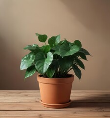 Dark green houseplant with heart-shaped leaves sitting in a terracotta pot on a wooden table,  houseplant,  plant leaves,  home decor
