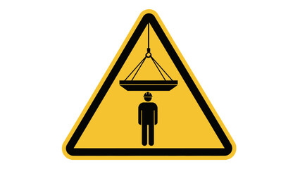 A yellow triangular warning sign with a black border, depicting a person standing under a heavy object suspended by chains, indicating danger from overhead loads.