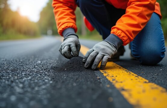 Worker checks asphalt quality on road. Road worker inspects tarmac density and texture. Pavement engineer measures material consistency. Manual labor, road construction, quality control.
