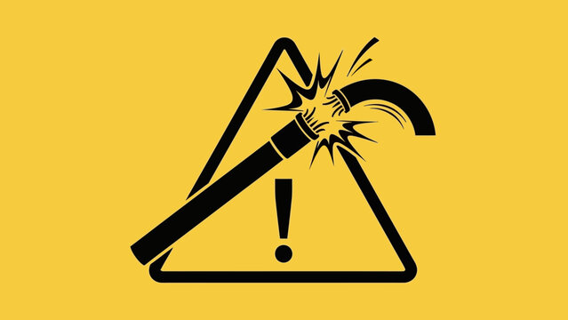 Warning sign depicting a broken pipe or hose with sparks inside a triangular hazard symbol on a yellow background.