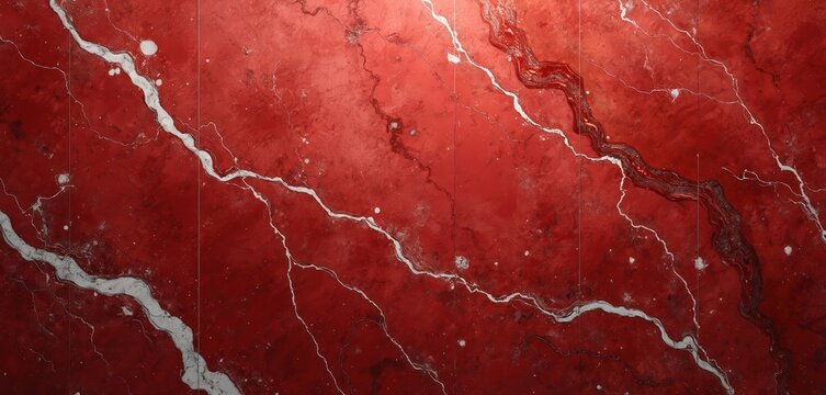 Deep red marble surface with white veins and textured abstract pattern. Natural stone background with subtle cracks and speckles, rich color for luxurious design.