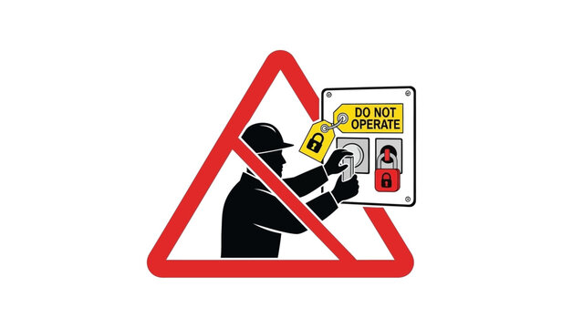 Warning sign depicting a person attempting to bypass a lockout tagout system on an electrical panel, emphasizing safety and unauthorized access prevention.