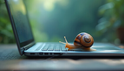 Snail slowly crawls on computer keyboard. Nature meets tech in closeup. Organic creature explores modern device. Quiet scene with green blur background.