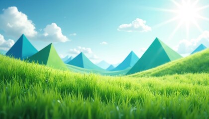 Green grass rolls over blue and green geometric hills under bright sun and sky. Abstract landscape forms a vibrant, fresh scene. Clean nature for design background.