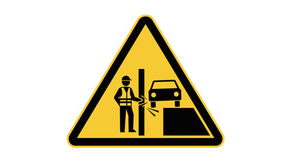 Warning sign depicting a worker in a hard hat and high-visibility vest next to a vehicle with its front wheel elevated, showing sparks, indicating roadside work or a vehicle maintenance hazard.