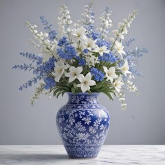 Delicate blue and white floral patterns dance across the vase's surface ,  decoration,  elegant,  blue and white