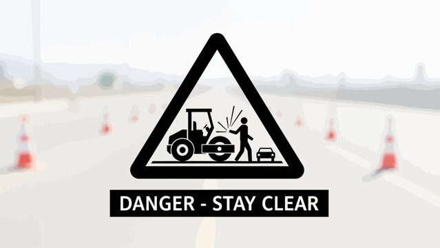 Road construction warning sign with a roller, worker, and car, advising 'DANGER - STAY CLEAR' on a blurred road with cones. - Powered by Adobe