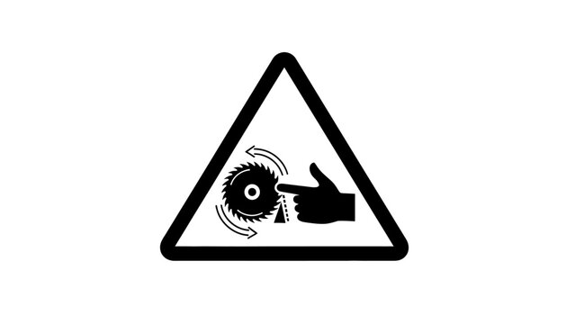 Warning sign for rotating saw blade with a hand pointing, indicating a cutting hazard or danger from moving parts in industrial settings.