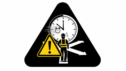 Abstract warning sign depicting a worker facing time pressure, multiple choices, and potential hazards in a demanding industrial environment.