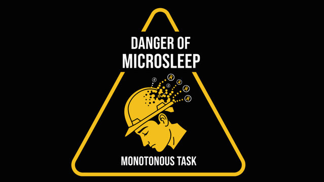 Warning sign illustrating the danger of microsleep and mental fatigue during monotonous tasks, featuring a person in a hard hat with gears in their head.