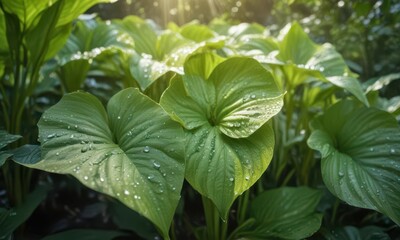 Delicate dew drops glisten on hosta plant leaves in morning sunlight , hosta,  nature,  dew drops