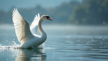 Naklejka premium Majestic swan takes flight from calm blue water, wings spread wide catching sunlight. White bird emerges from lake surface creating water splash. Beautiful nature scene at dawn.