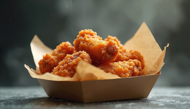 Crispy fried chicken wings served in a paper box. This tasty poultry dish is golden brown and ready to eat. Enjoy this savory snack for lunch or dinner.