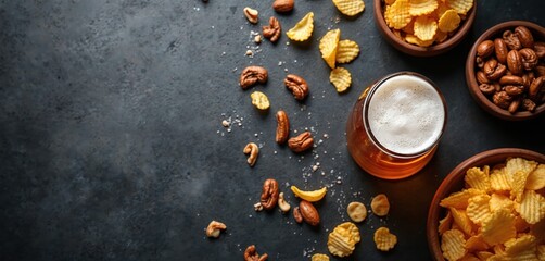 Glass of amber lager beer with frothy head sits near bowls of crispy potato chips and mixed nuts on dark stone surface. Scattered nuts and salt flakes add texture and detail to the snack spread.
