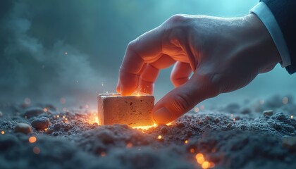 Hand places glowing brick on foundation. Symbolic start of construction project. Building new future, innovation, progress. Conceptual business strategy start.