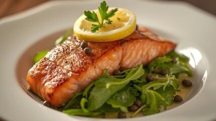 Deliciously grilled salmon fillet served on a bed of fresh arugula, garnished with a vibrant lemon slice and parsley on an elegant white plate presenting healthy food.