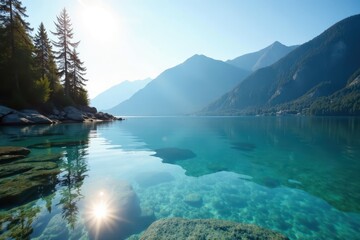 Crystal clear water with sunlit Vancouver mountain backdrop, photography, mountain range, stock