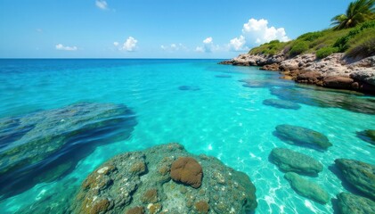 Fototapeta premium Crystal clear water, vibrant coral reef visible from shore , stunning, Maldives