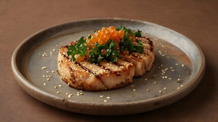 Appetizing seared tuna steak is beautifully presented on a rustic plate, garnished with vibrant fish roe and fresh parsley, making it ideal for upscale dining.