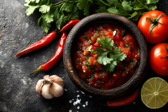 Tomato salsa (salsa roja) - traditional mexican sauce with ingredients for making on a light grey slate,stone or concrete background.Top view with copy space.