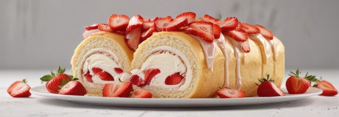 Delicate strawberry cake roll filled with fresh strawberry slices and cream cheese frosting,  baked delight,  strawberry dessert,  sweet treat