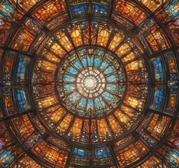 Delicate stained glass window filters sunlight into kaleidoscope of colors, church interior, light, colors