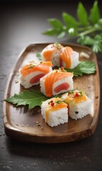Delicate sushi pieces with green leaf garnish and savory sauce, sushi,  fresh ingredients,  seafood
