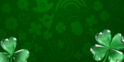 St Patricks day illustration in flat style with green clover and festive elements on a dark green background.
