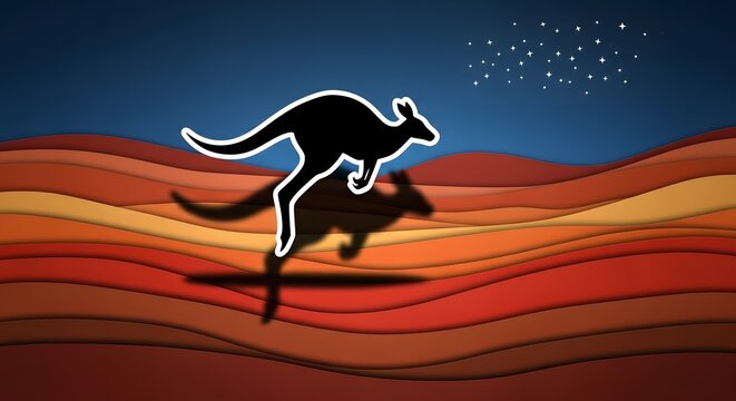 Silhouette of a leaping kangaroo against a sunset sky with a starry night backdrop, representing Australian wildlife and outback landscapes
