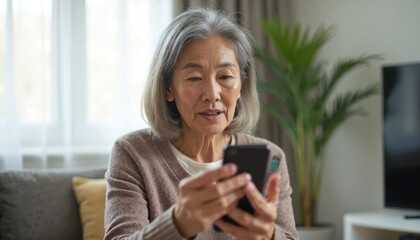 Elderly Asian woman uses smartphone for banking, possibly entering credit card details. Sits comfortably in living room, engaged with modern tech for transactions, communication, suggesting online