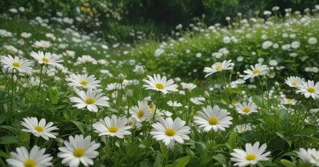 Delicate white flowers in a lush green border with empty centers and a fresh, serene atmosphere,  watercolor,  floral arrangement,  garden