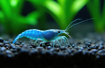 Blue neocaridina shrimp swims in clear freshwater aquarium tank. Small aquatic creature with long antennae crawls on dark substrate near green aquatic plants. Macro shot focuses on detail.