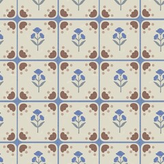 Vintage floral tile pattern with blue and brown motifs