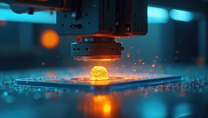 Automated machine creates tiny bright object. Hot sparks fly near precision equipment. Futuristic tech builds advanced component. Industrial process in lab. Macro shot.