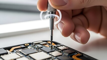 Person repairing electronic circuit board with screwdriver on a white surface